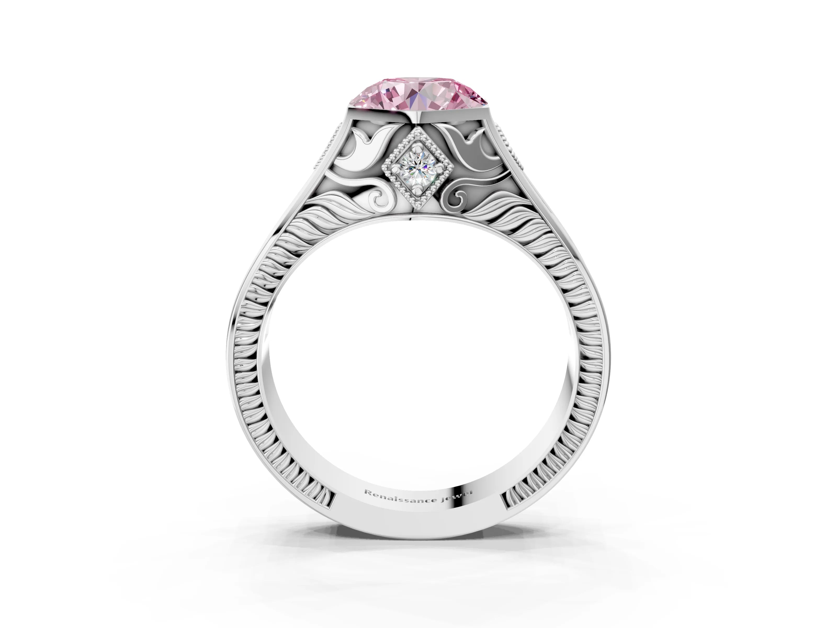Silver Hexagonal Bezel Fancy Pink Round Cut Diamond Engraved Band Prong Ring_70