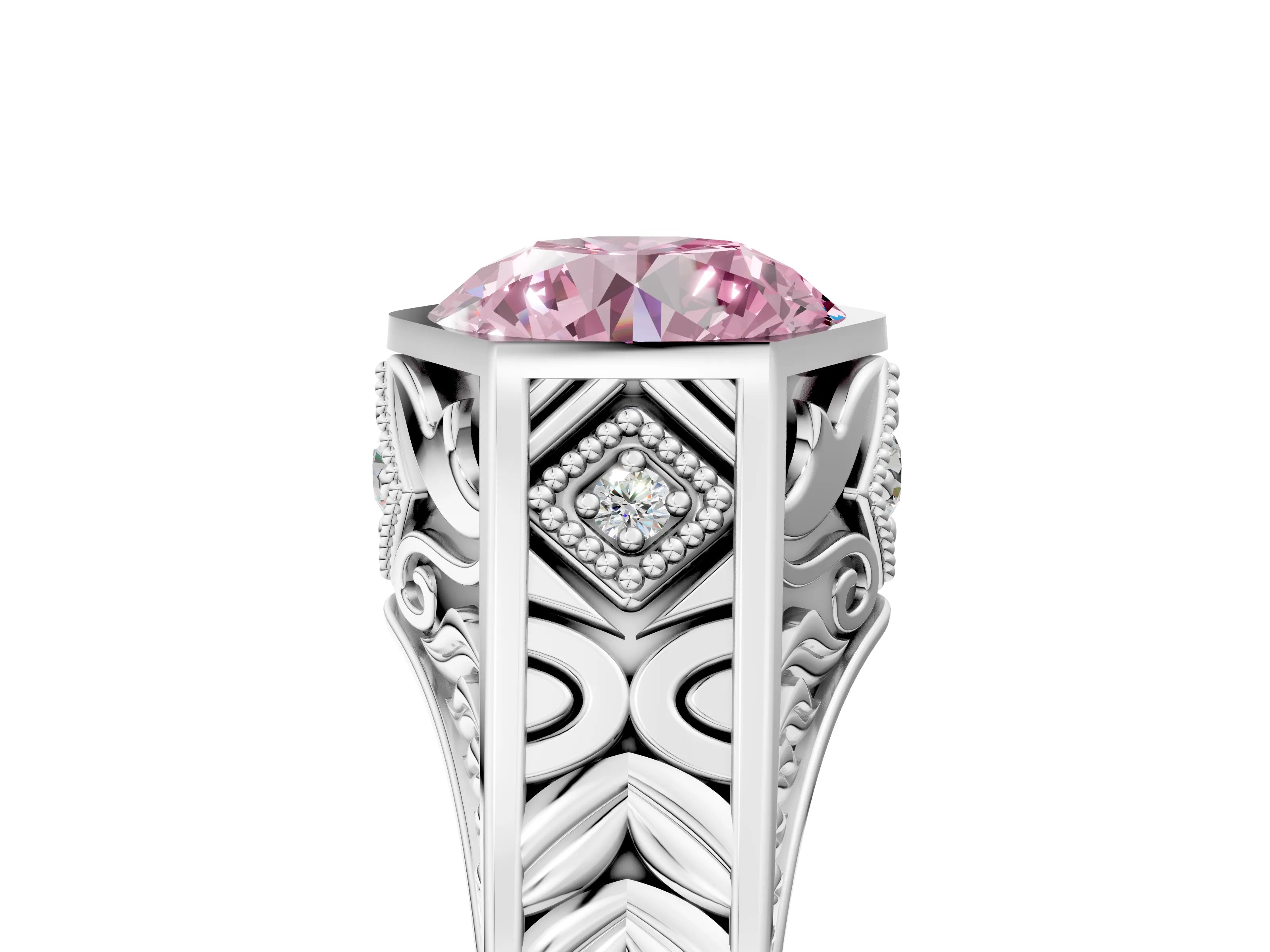 Silver Hexagonal Bezel Fancy Pink Round Cut Diamond Engraved Band Prong Ring_72