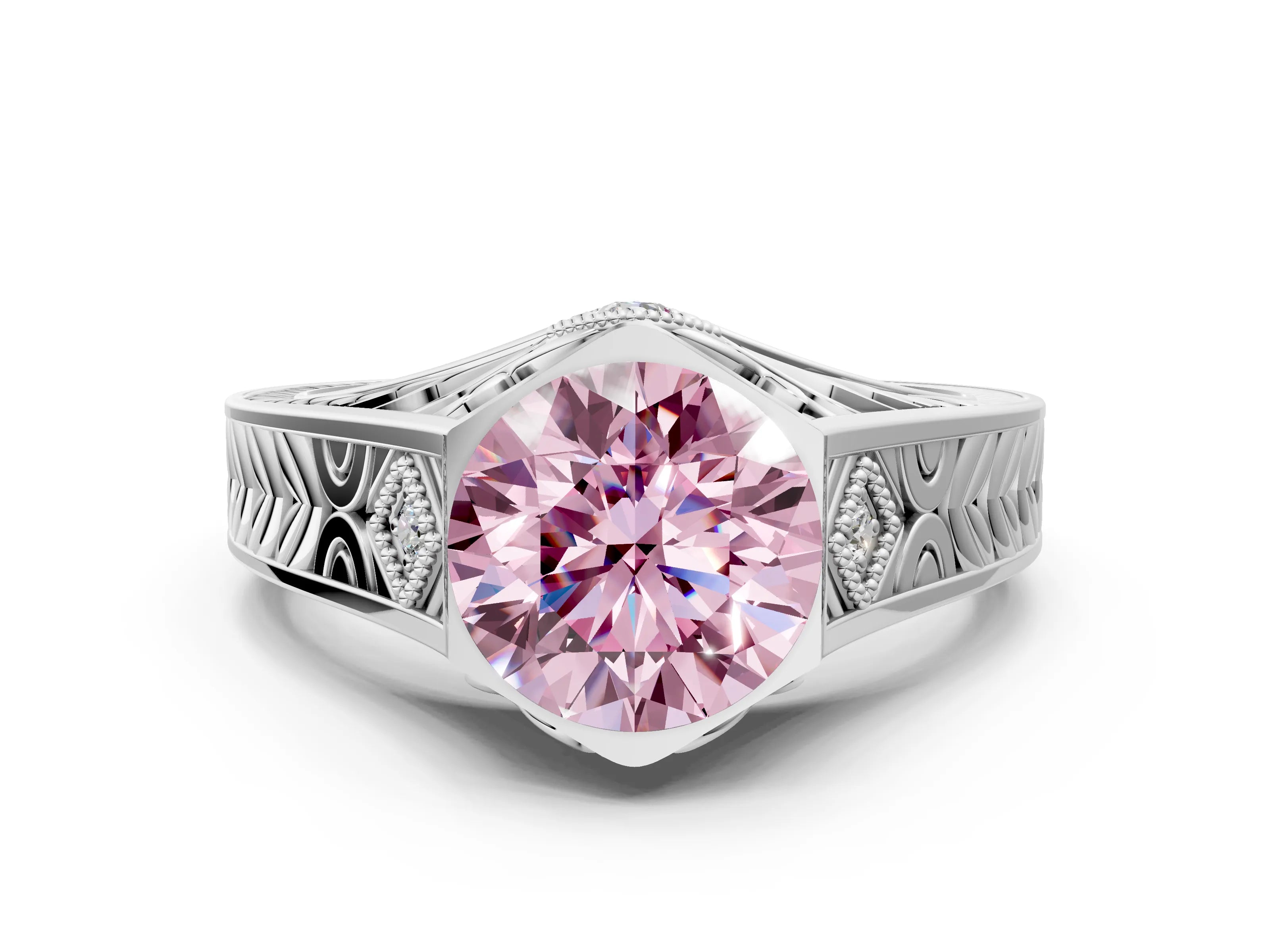 Silver Hexagonal Bezel Fancy Pink Round Cut Diamond Engraved Band Prong Ring_80