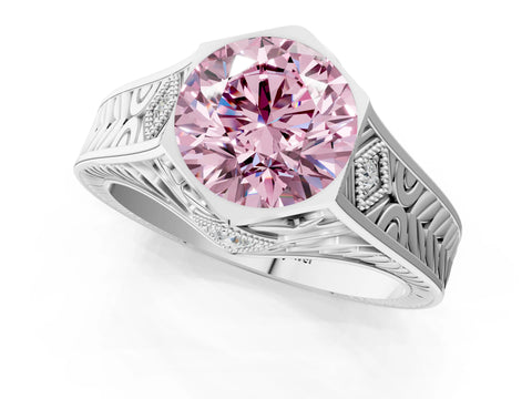 Silver Hexagonal Bezel Fancy Pink Round Cut Diamond Engraved Band Prong Ring_81