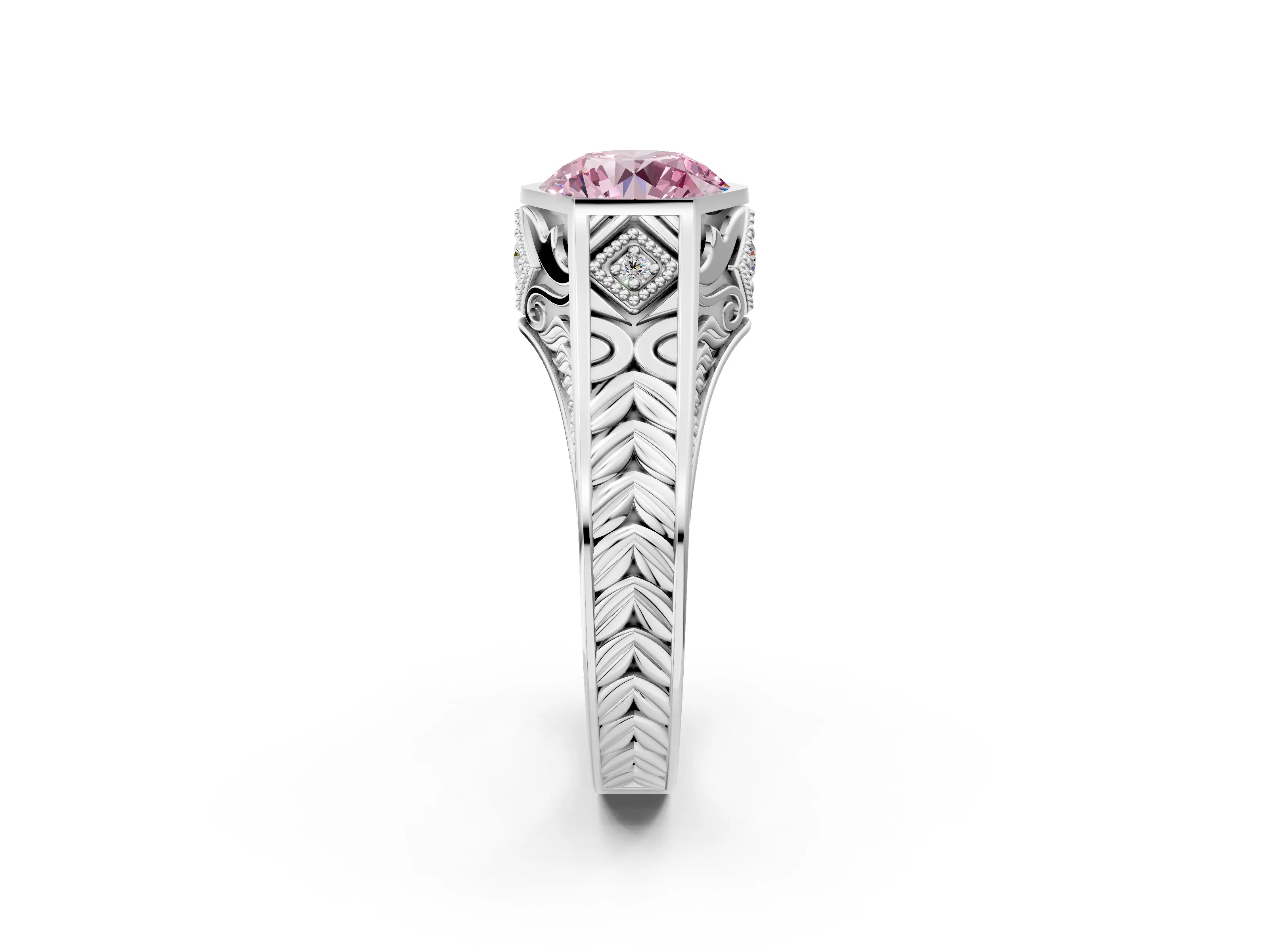 Silver Hexagonal Bezel Fancy Pink Round Cut Diamond Engraved Band Prong Ring_82