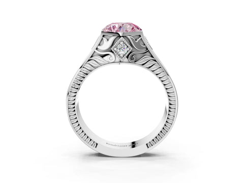 Silver Hexagonal Bezel Fancy Pink Round Cut Diamond Engraved Band Prong Ring_83