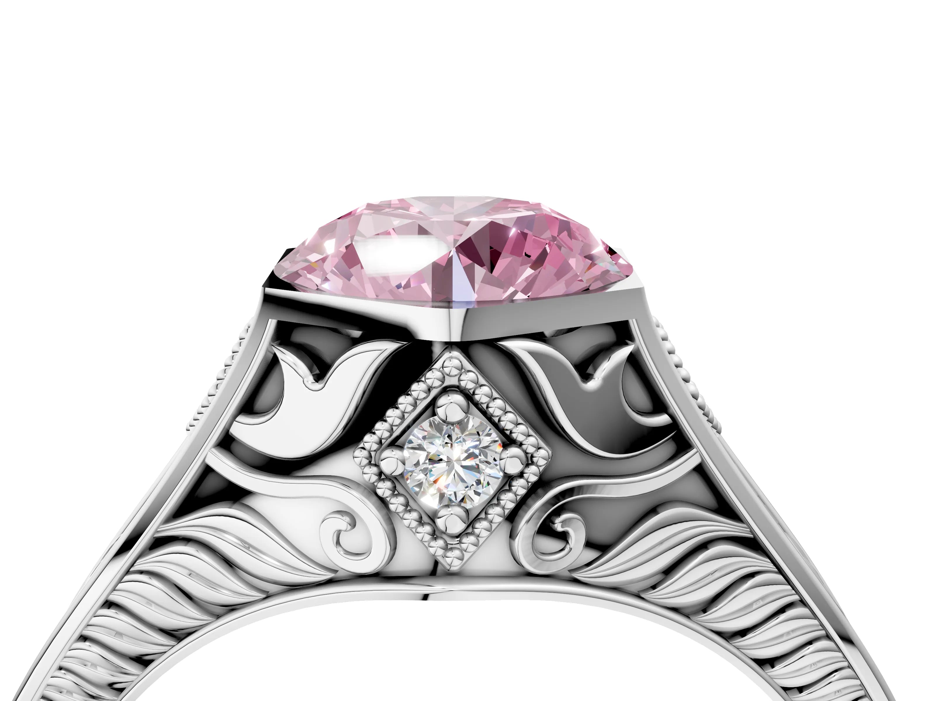 Silver Hexagonal Bezel Fancy Pink Round Cut Diamond Engraved Band Prong Ring_84