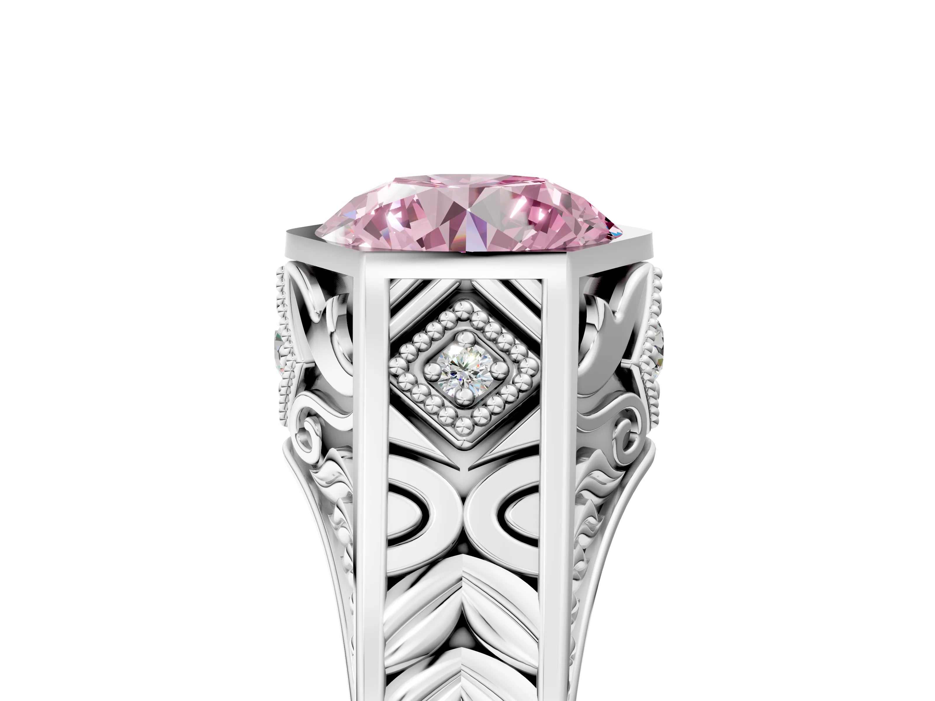 Silver Hexagonal Bezel Fancy Pink Round Cut Diamond Engraved Band Prong Ring_85