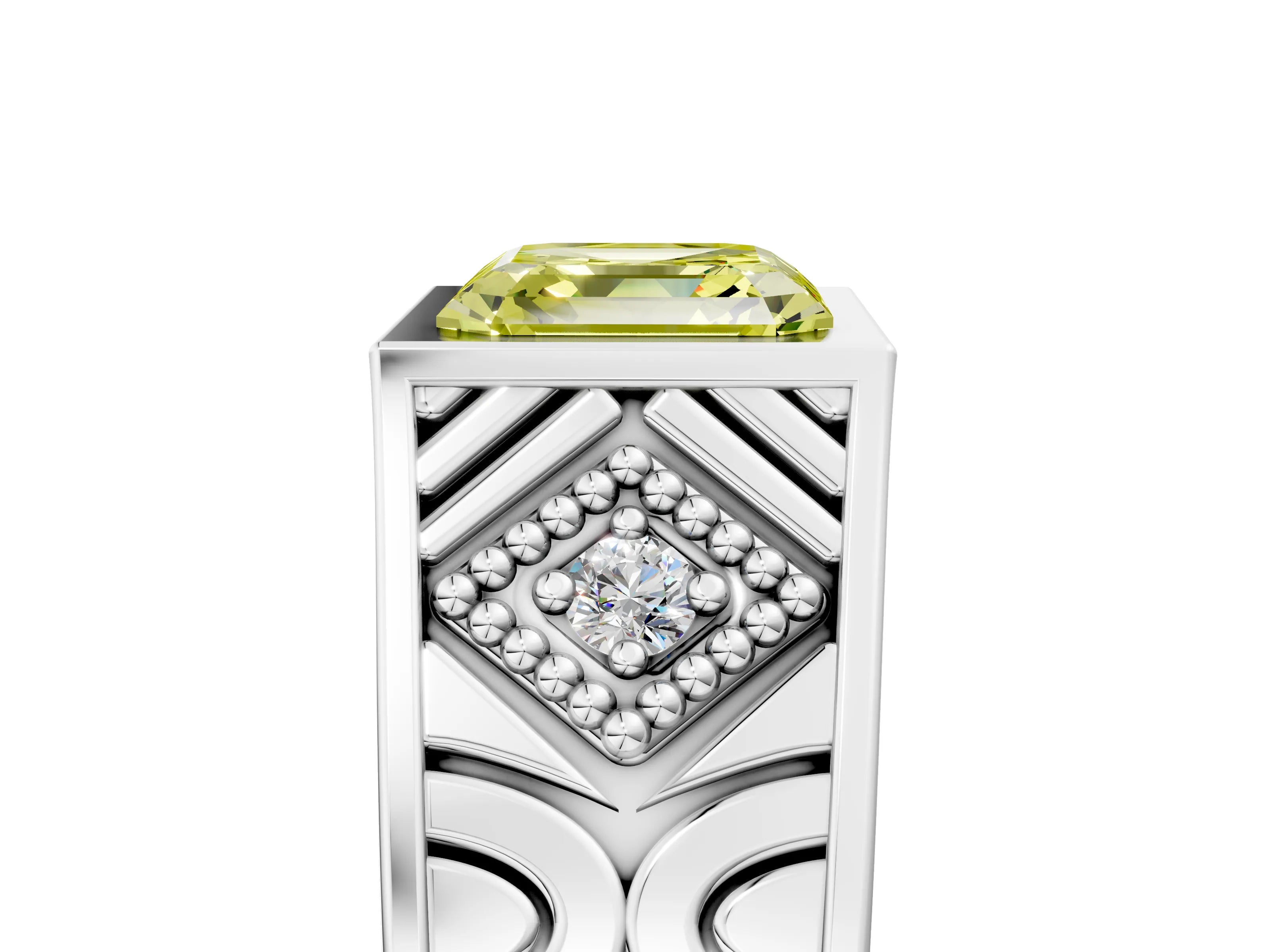 Silver Hexagonal Bezel Fancy Yellow Asscher Cut Diamond Engraved Band Prong Ring_41