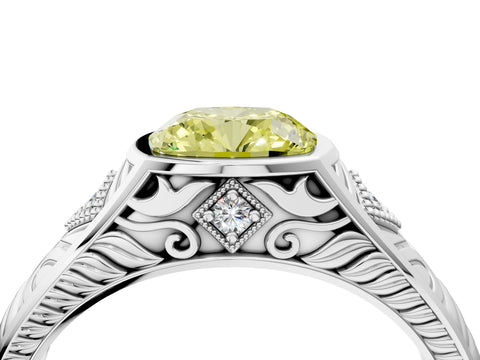 Silver Hexagonal Bezel Fancy Yellow Cushion Cut Diamond Engraved Band Prong Ring_10