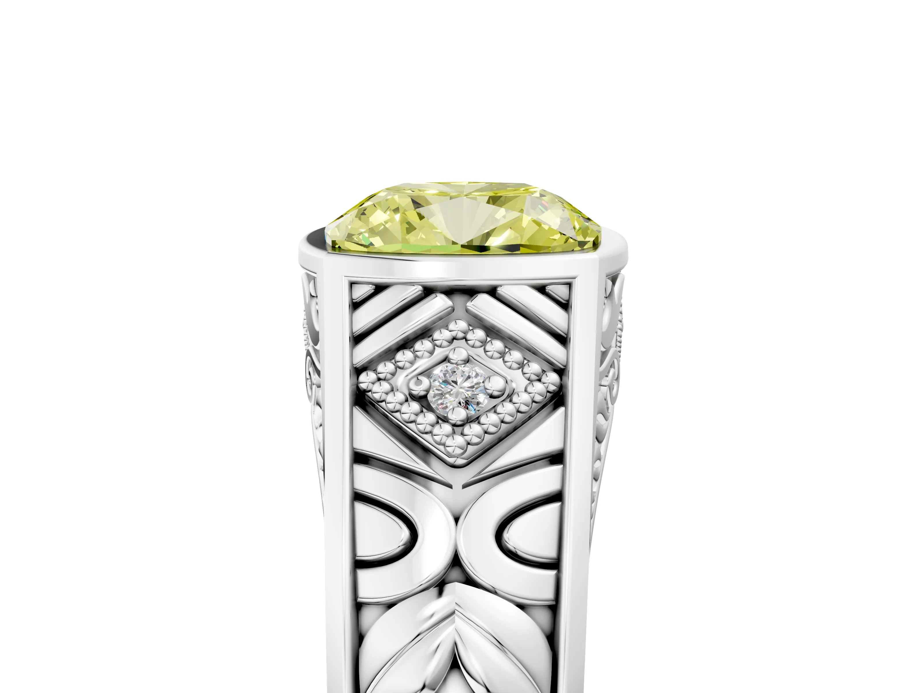 Silver Hexagonal Bezel Fancy Yellow Cushion Cut Diamond Engraved Band Prong Ring_11
