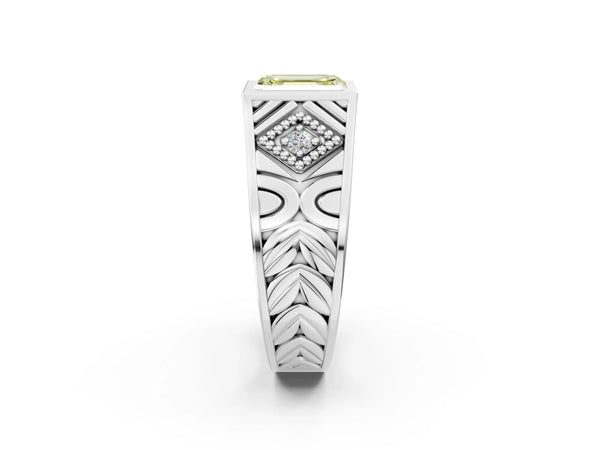 Silver Hexagonal Bezel Fancy Yellow Emerald Cut Diamond Engraved Band Prong Ring