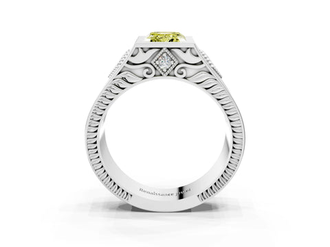 Silver Hexagonal Bezel Fancy Yellow Emerald Cut Diamond Engraved Band Prong Ring_39