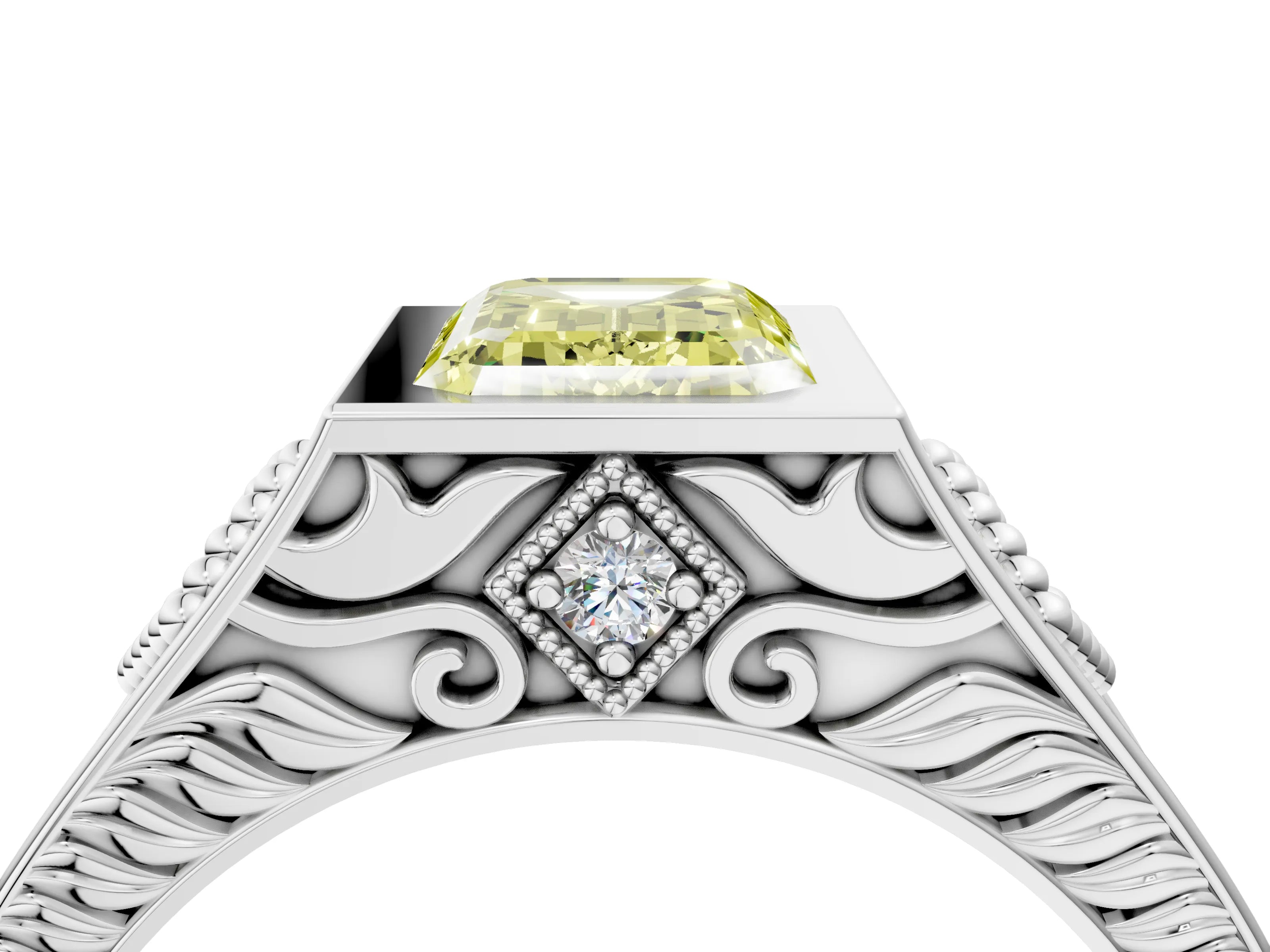 Silver Hexagonal Bezel Fancy Yellow Emerald Cut Diamond Engraved Band Prong Ring_40