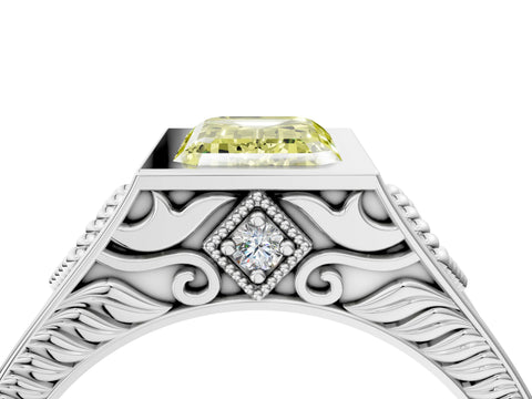 Silver Hexagonal Bezel Fancy Yellow Emerald Cut Diamond Engraved Band Prong Ring_40