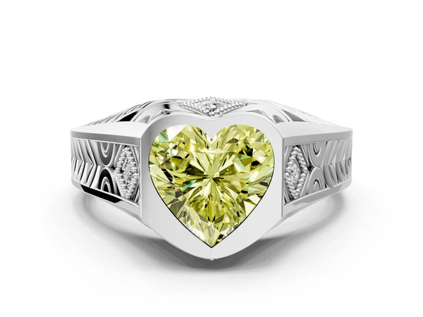 Silver Hexagonal Bezel Fancy Yellow Heart Cut Diamond Engraved Band Prong Ring