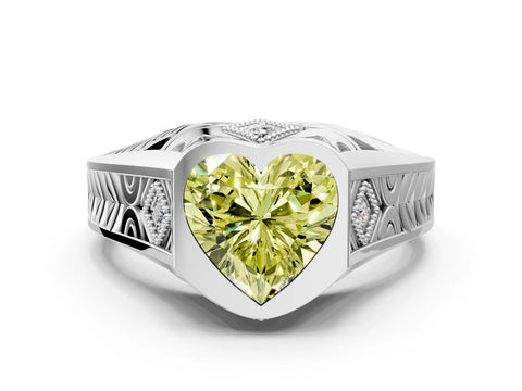 Silver Hexagonal Bezel Fancy Yellow Heart Cut Diamond Engraved Band Prong Ring_12
