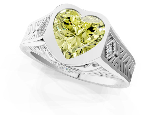 Silver Hexagonal Bezel Fancy Yellow Heart Cut Diamond Engraved Band Prong Ring