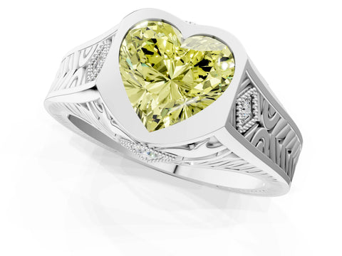 Silver Hexagonal Bezel Fancy Yellow Heart Cut Diamond Engraved Band Prong Ring_13