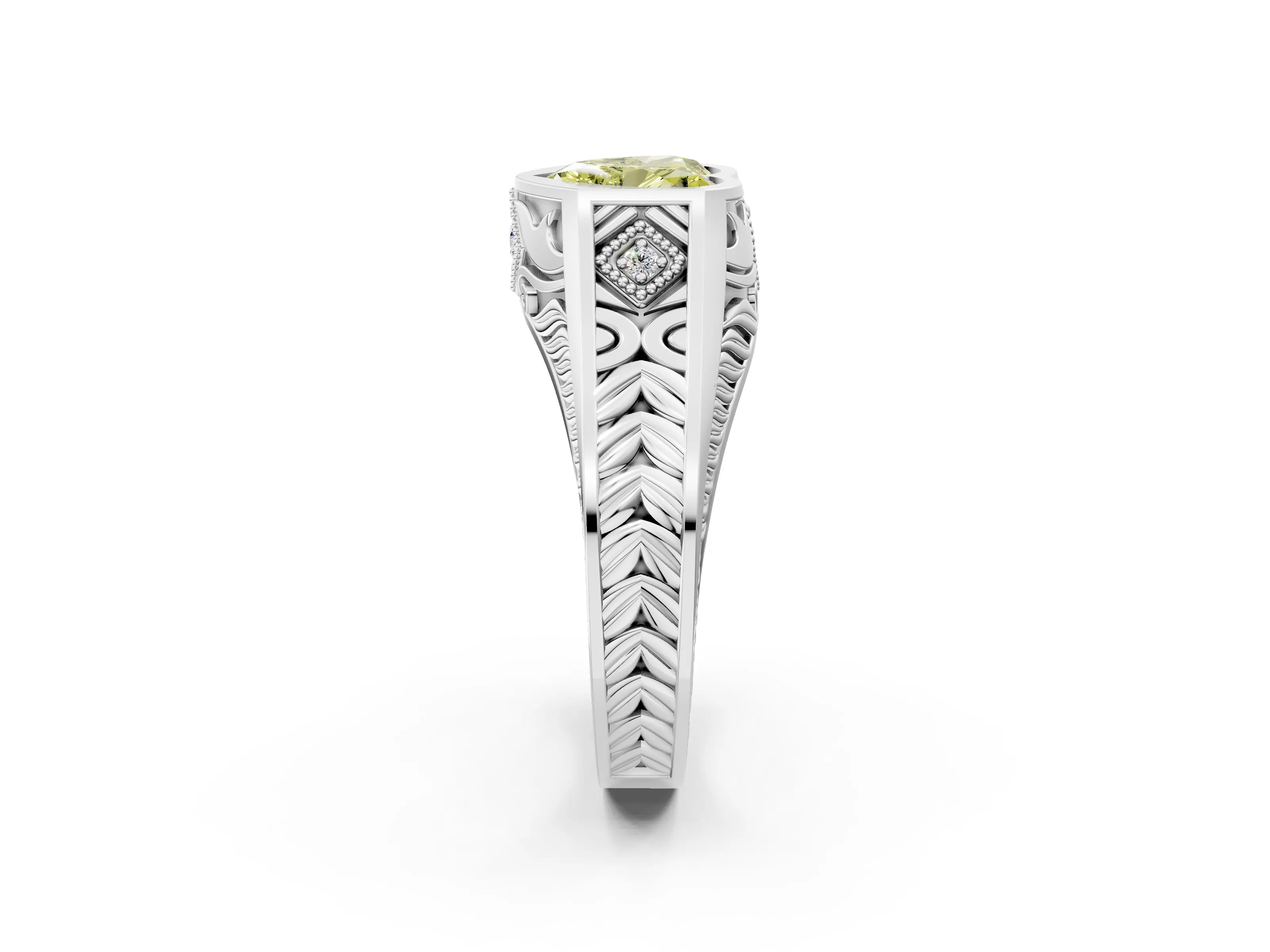 Silver Hexagonal Bezel Fancy Yellow Heart Cut Diamond Engraved Band Prong Ring_14