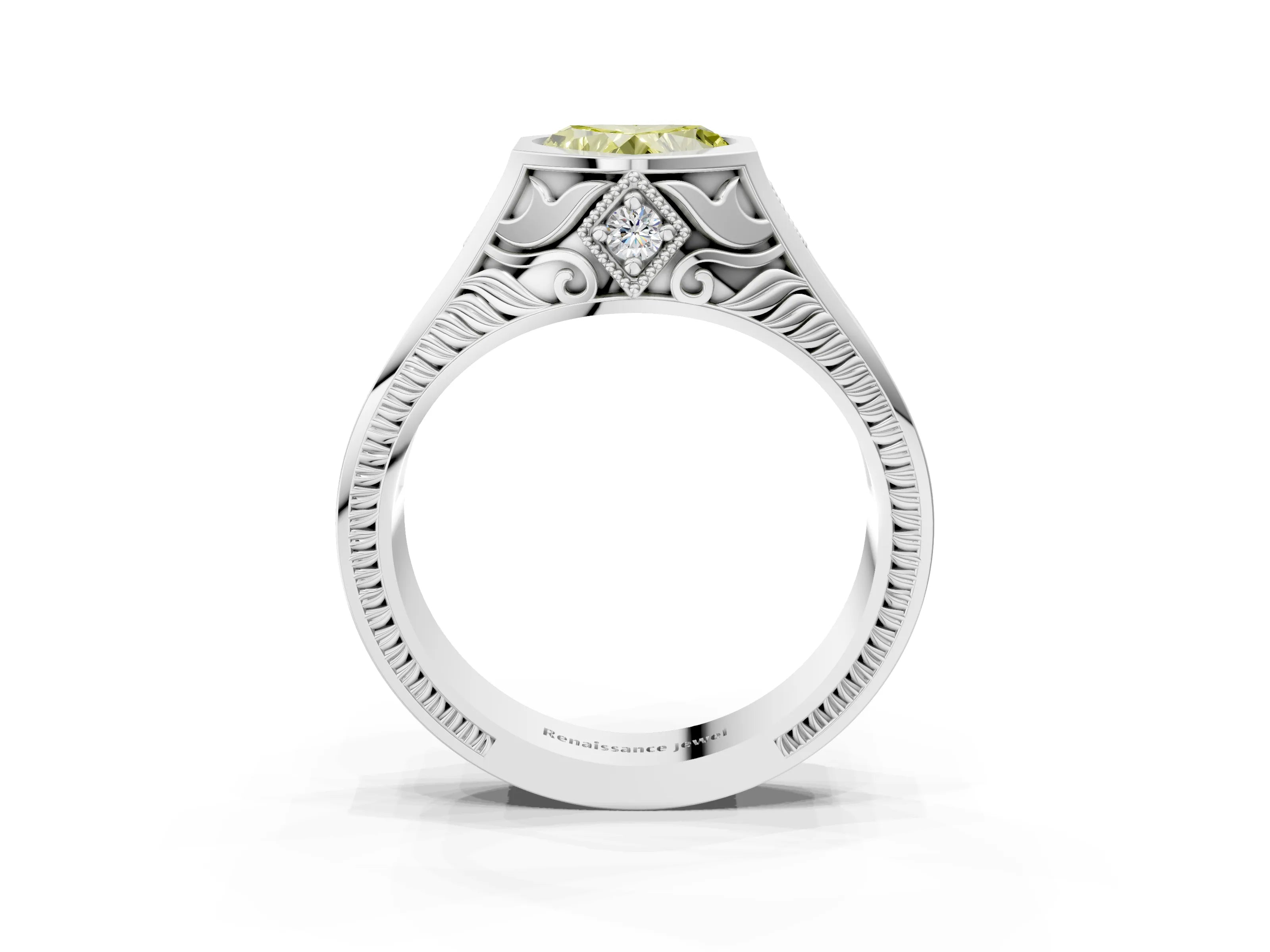 Silver Hexagonal Bezel Fancy Yellow Heart Cut Diamond Engraved Band Prong Ring_15