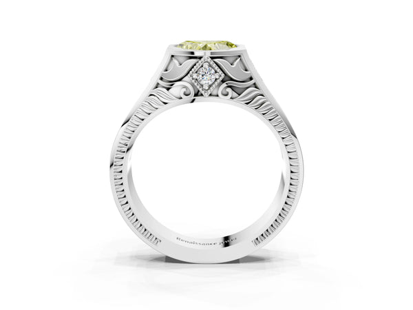 Silver Hexagonal Bezel Fancy Yellow Heart Cut Diamond Engraved Band Prong Ring