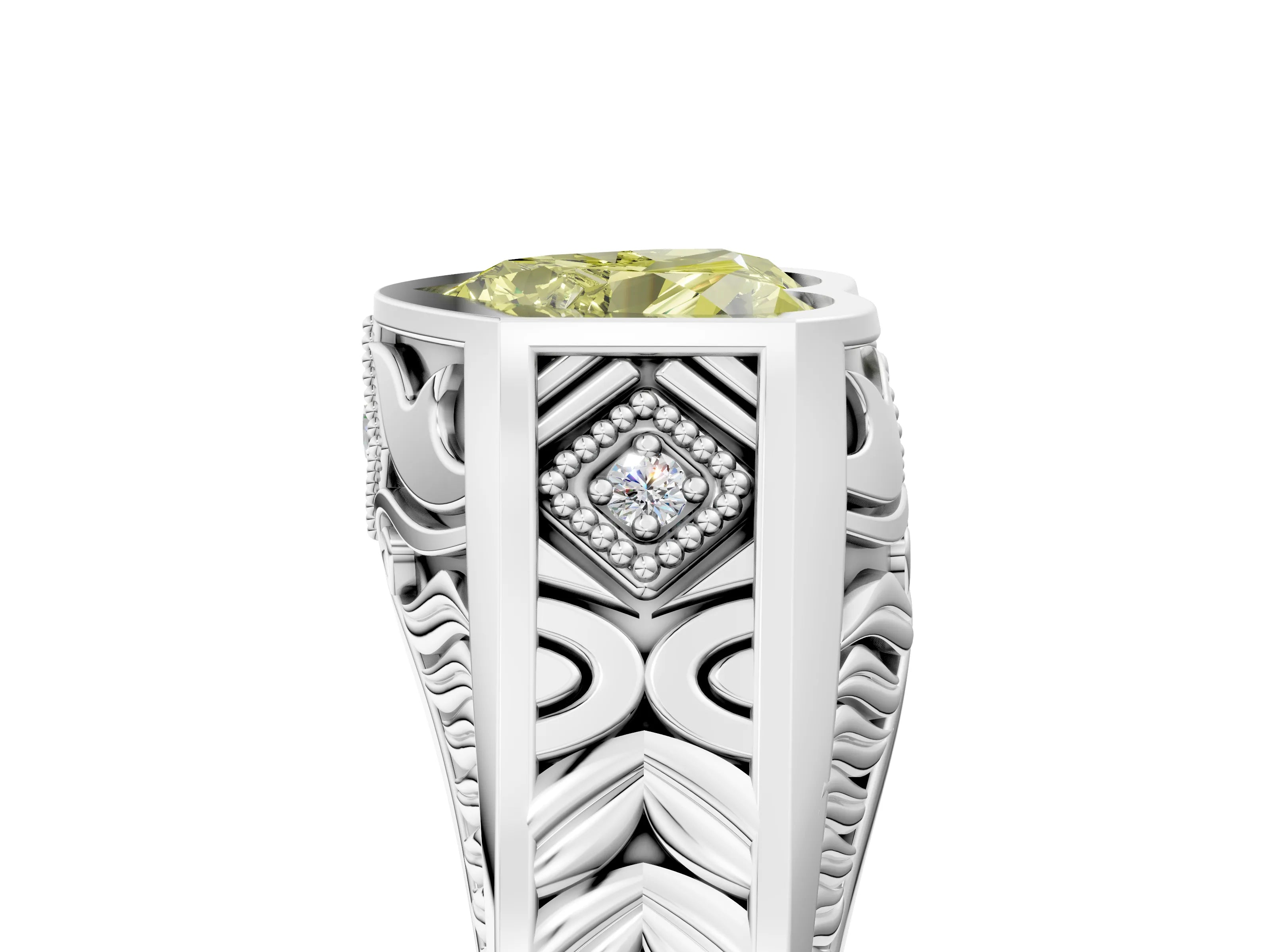 Silver Hexagonal Bezel Fancy Yellow Heart Cut Diamond Engraved Band Prong Ring_17