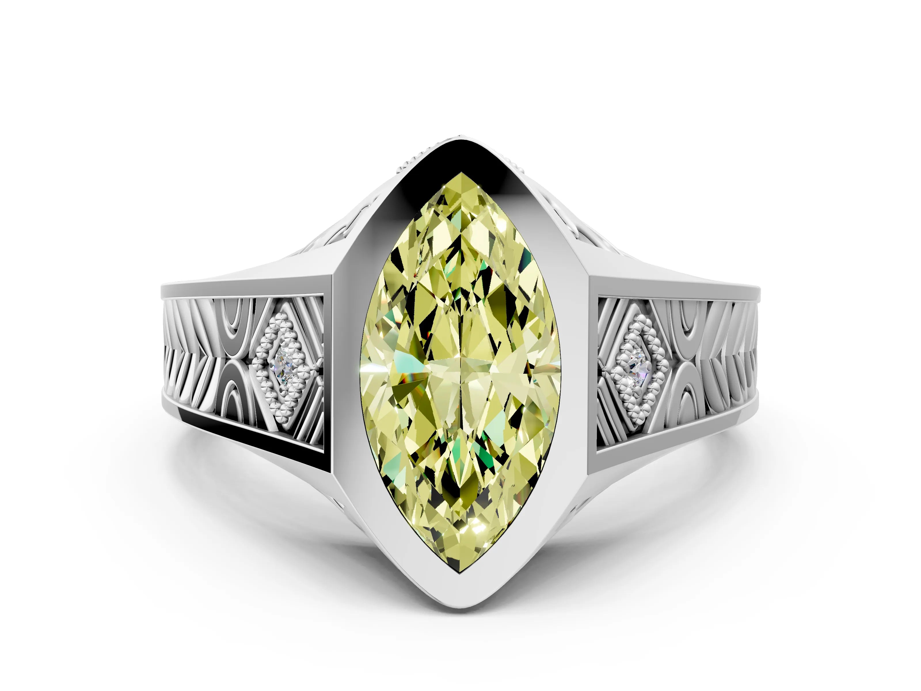 Silver Hexagonal Bezel Fancy Yellow Marquise Cut Diamond Engraved Band Prong Ring_36