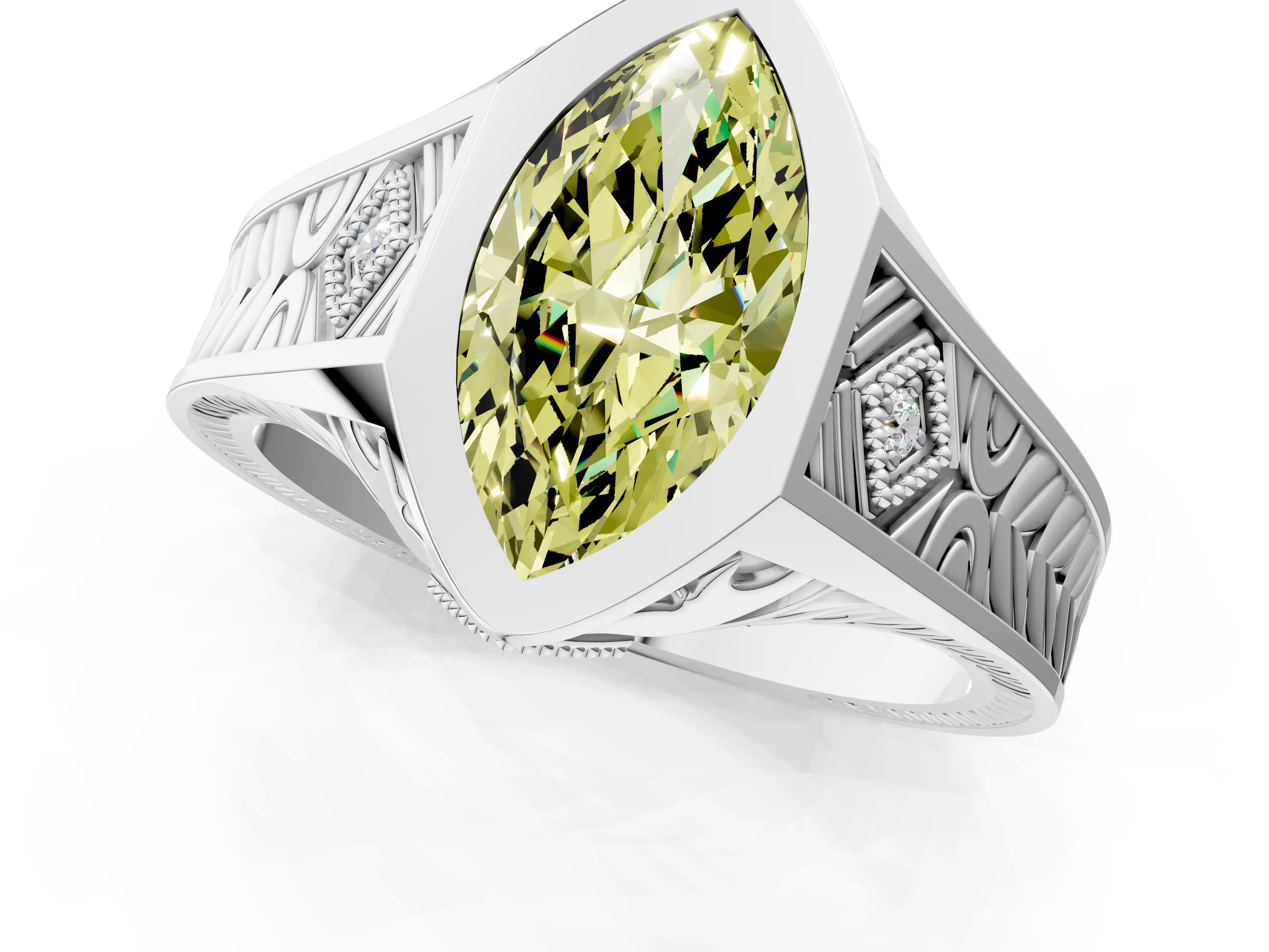 Silver Hexagonal Bezel Fancy Yellow Marquise Cut Diamond Engraved Band Prong Ring_37