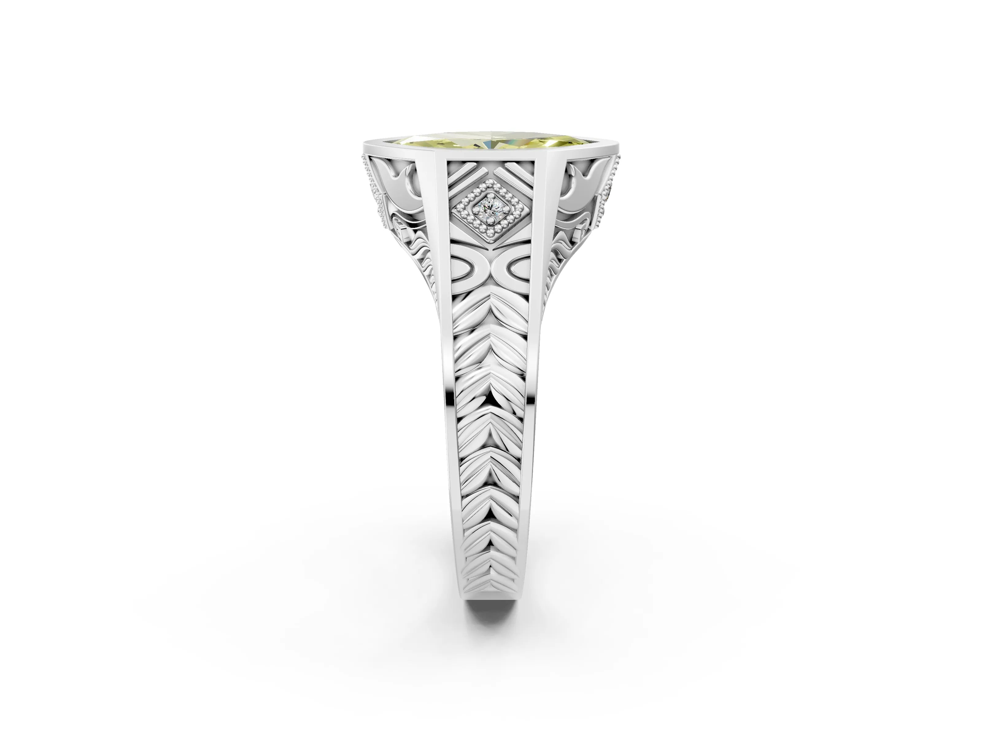 Silver Hexagonal Bezel Fancy Yellow Marquise Cut Diamond Engraved Band Prong Ring_38