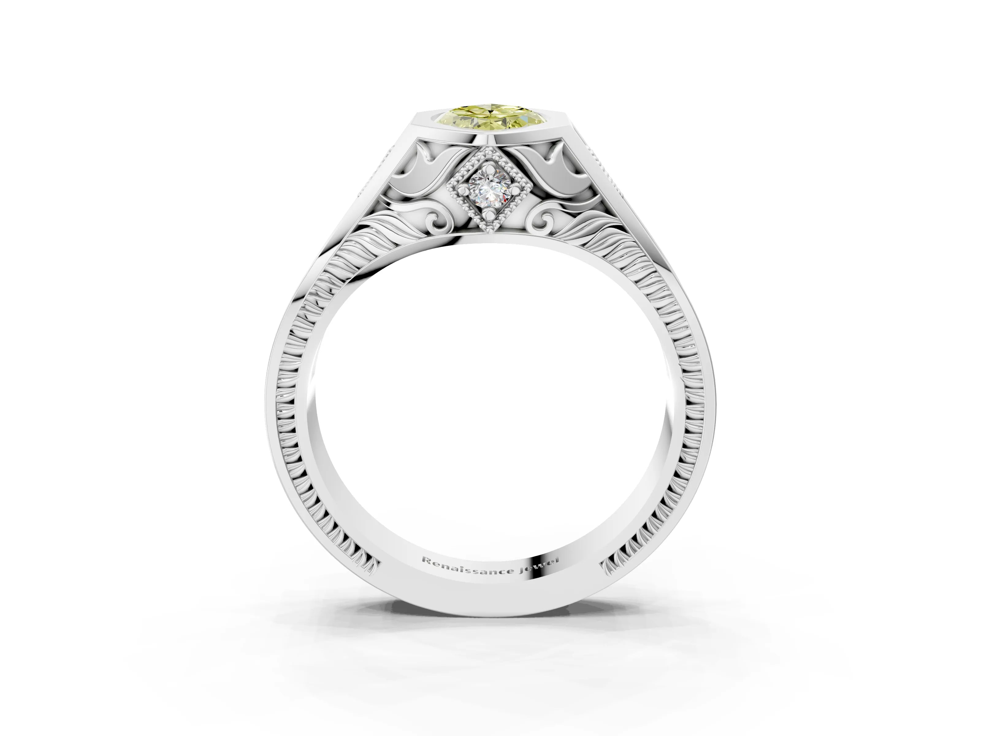 Silver Hexagonal Bezel Fancy Yellow Marquise Cut Diamond Engraved Band Prong Ring_39