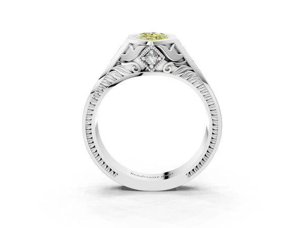 Silver Hexagonal Bezel Fancy Yellow Marquise Cut Diamond Engraved Band Prong Ring