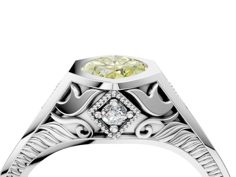 Silver Hexagonal Bezel Fancy Yellow Marquise Cut Diamond Engraved Band Prong Ring_40
