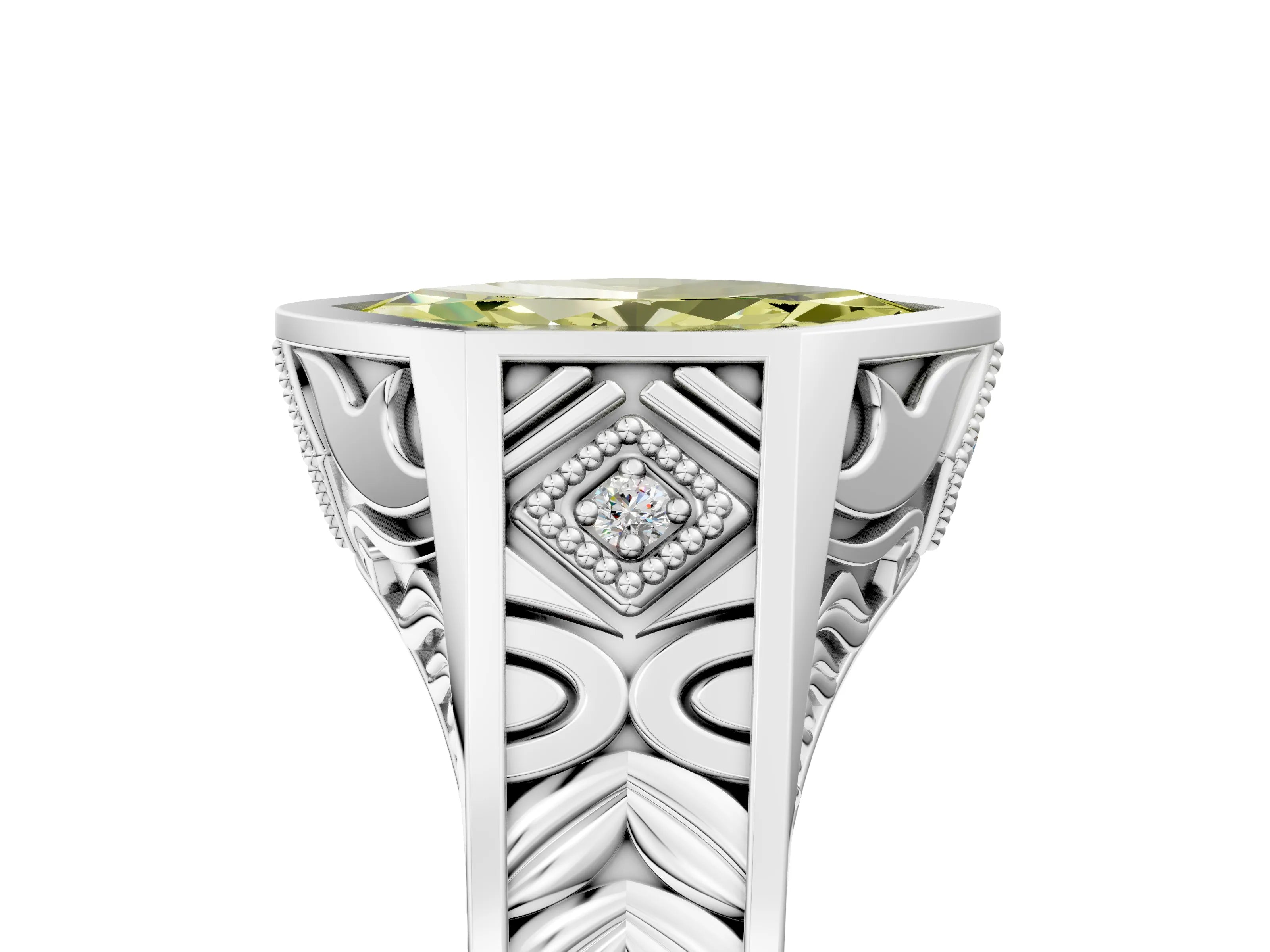 Silver Hexagonal Bezel Fancy Yellow Marquise Cut Diamond Engraved Band Prong Ring_41
