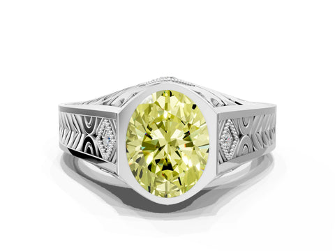 Silver Hexagonal Bezel Fancy Yellow Oval Cut Diamond Engraved Band Prong Ring_12