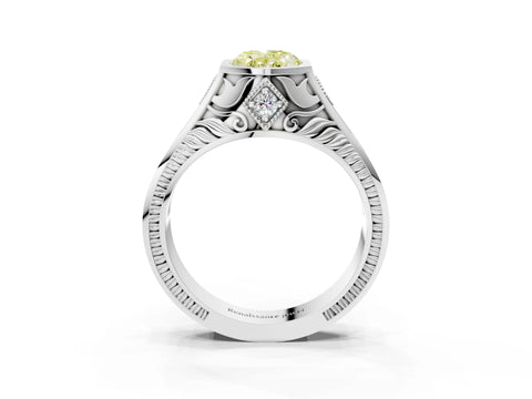 Silver Hexagonal Bezel Fancy Yellow Oval Cut Diamond Engraved Band Prong Ring_15