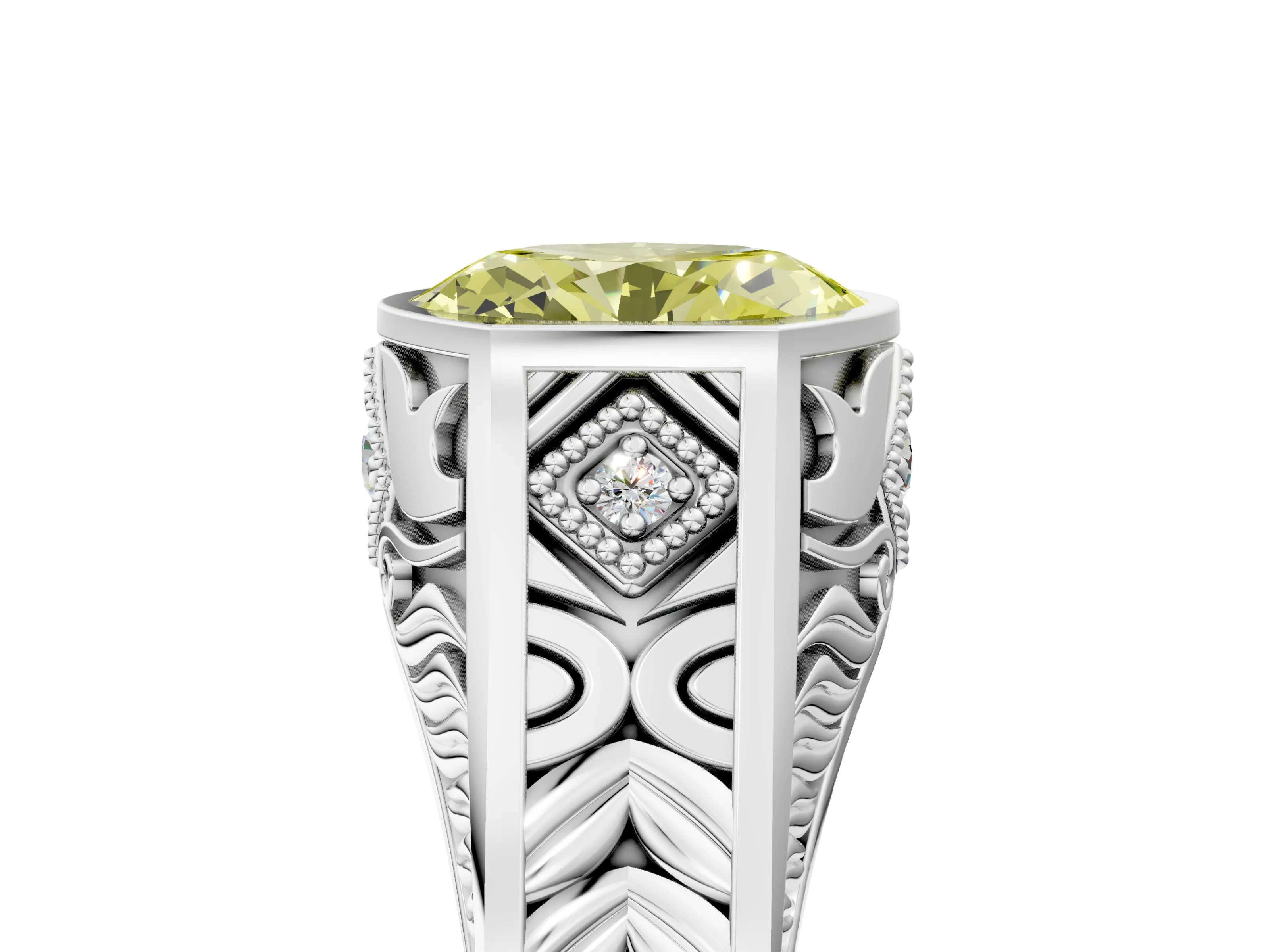 Silver Hexagonal Bezel Fancy Yellow Oval Cut Diamond Engraved Band Prong Ring_17