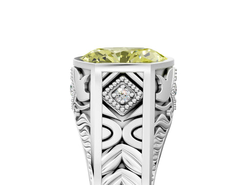 Silver Hexagonal Bezel Fancy Yellow Oval Cut Diamond Engraved Band Prong Ring_17