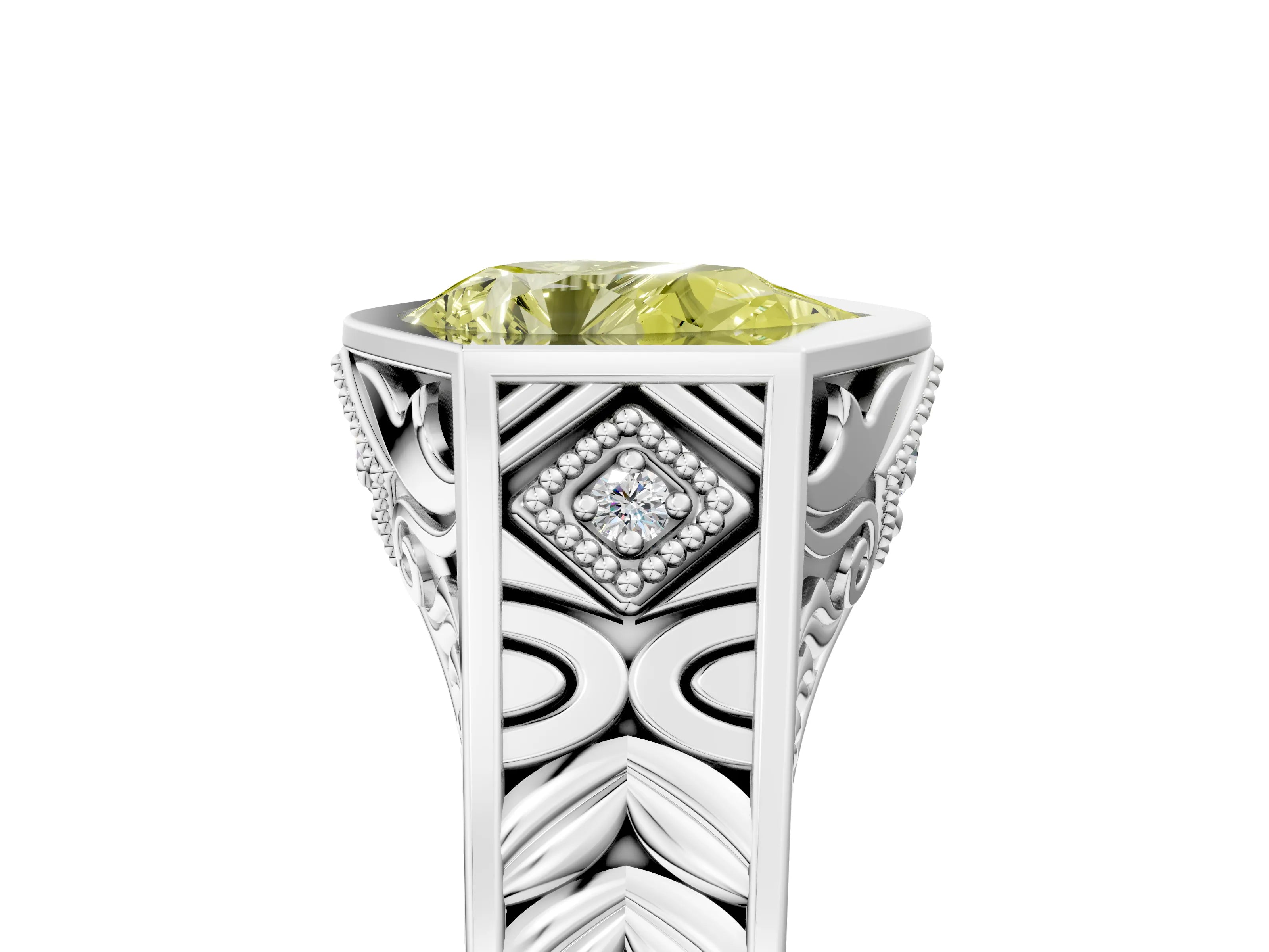 Silver Hexagonal Bezel Fancy Yellow Pear Cut Diamond Engraved Band Prong Ring_11