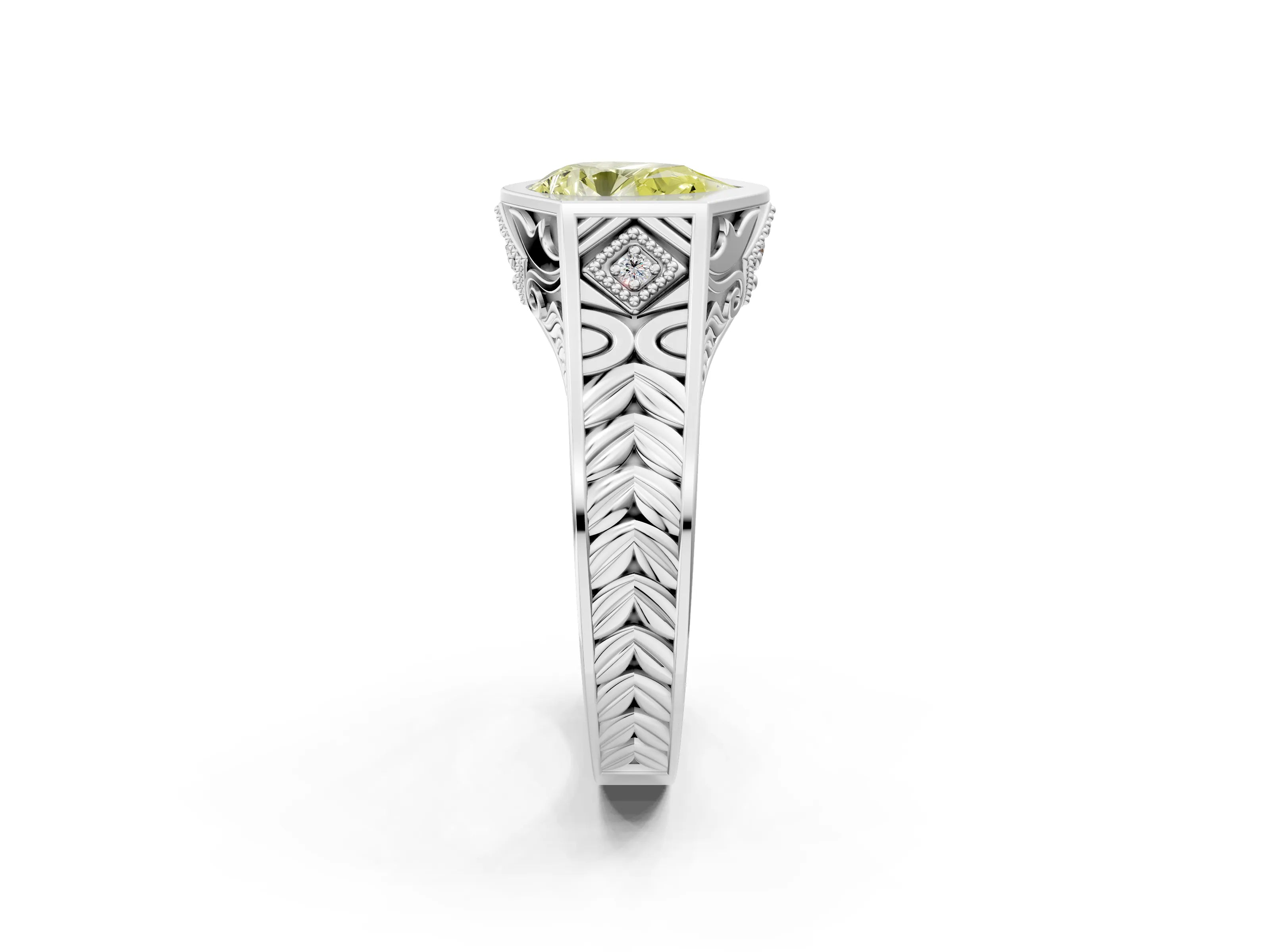 Silver Hexagonal Bezel Fancy Yellow Pear Cut Diamond Engraved Band Prong Ring_32