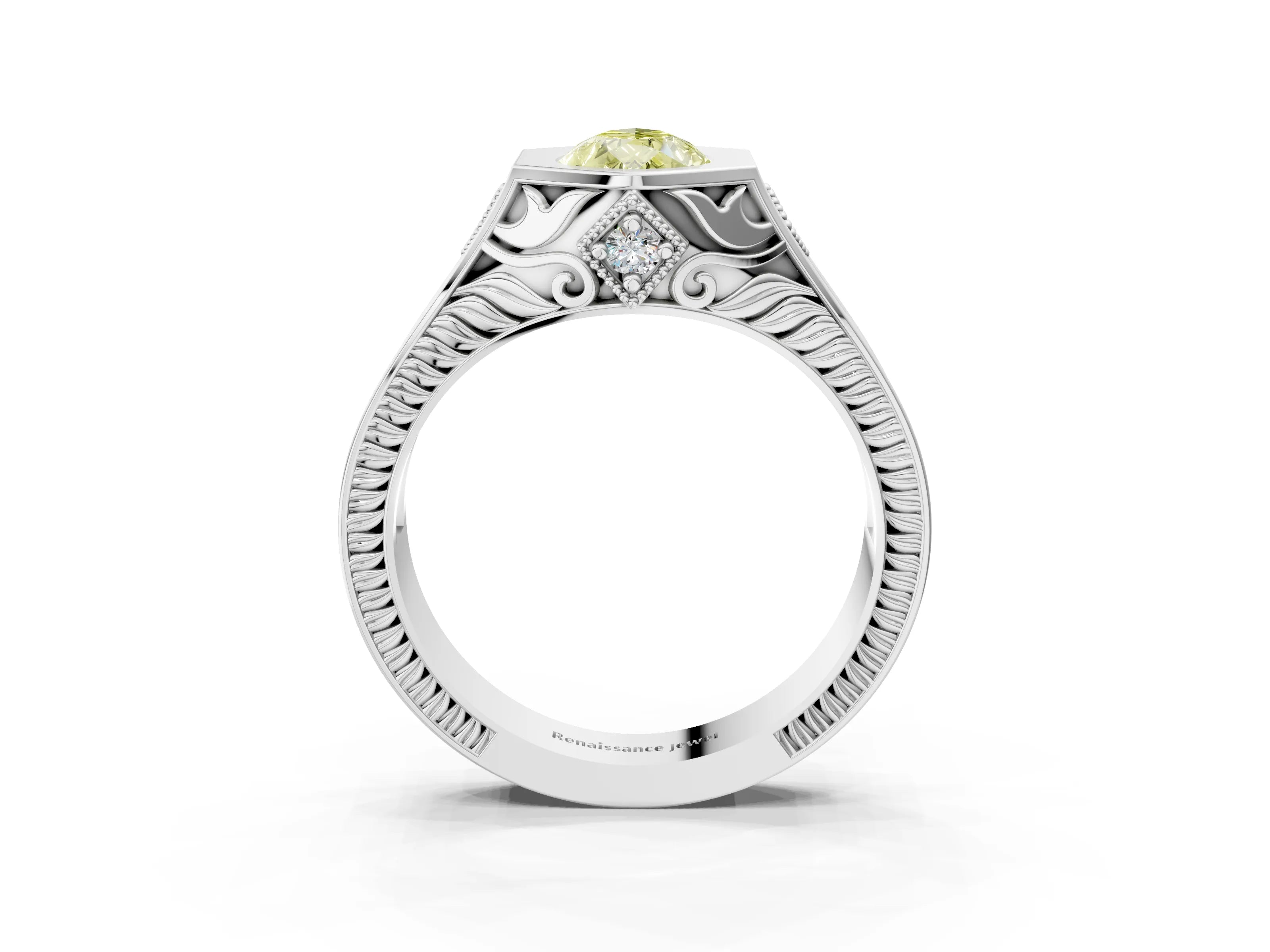 Silver Hexagonal Bezel Fancy Yellow Pear Cut Diamond Engraved Band Prong Ring_33