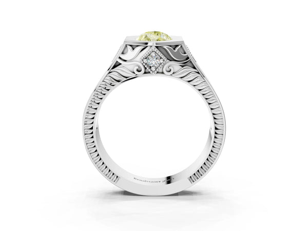 Silver Hexagonal Bezel Fancy Yellow Pear Cut Diamond Engraved Band Prong Ring