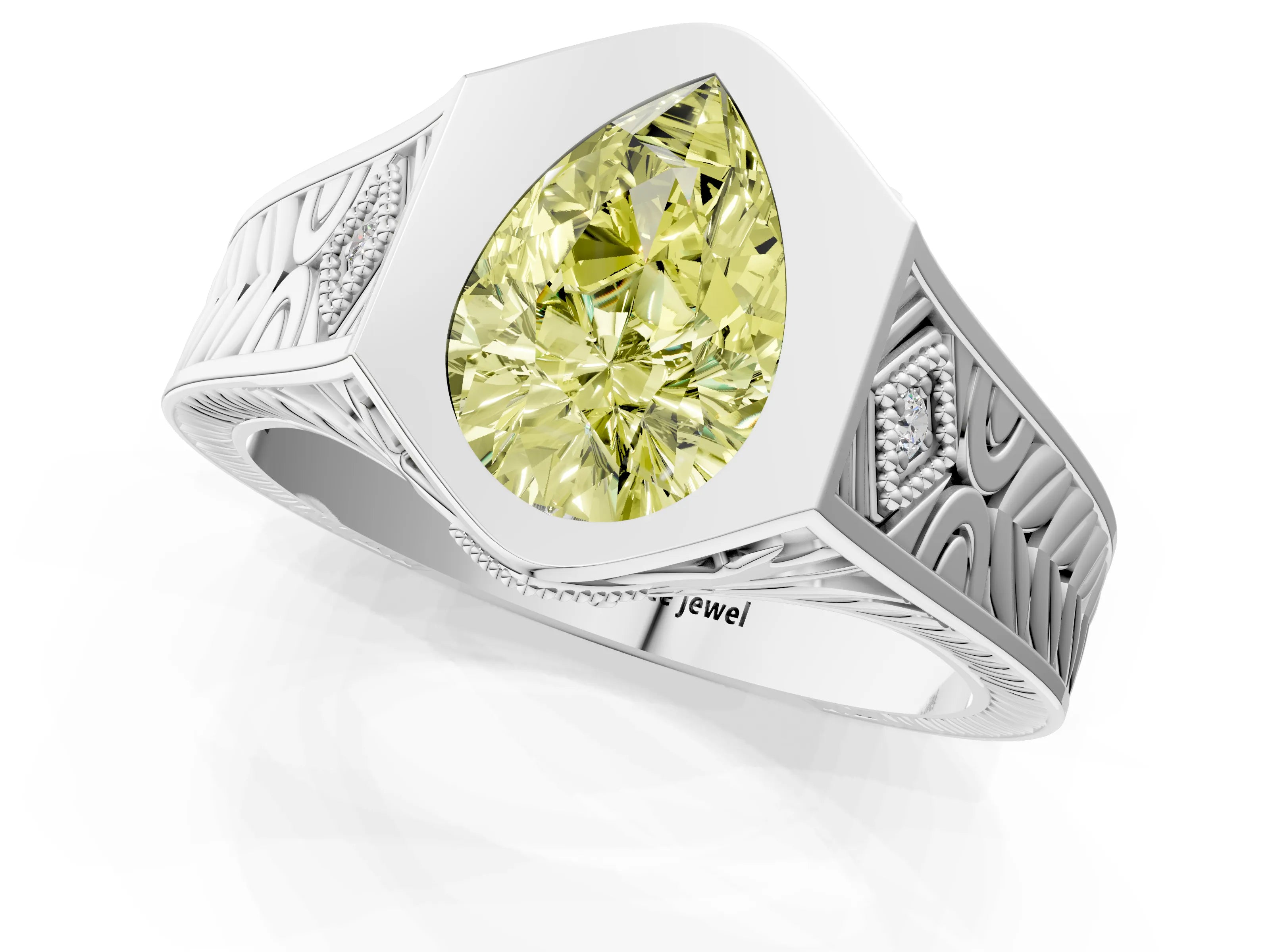 Silver Hexagonal Bezel Fancy Yellow Pear Cut Diamond Engraved Band Prong Ring_7