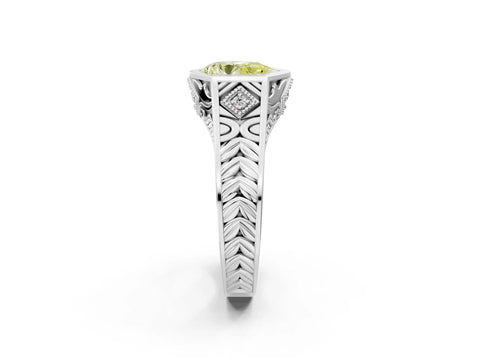 Silver Hexagonal Bezel Fancy Yellow Pear Cut Diamond Engraved Band Prong Ring_8