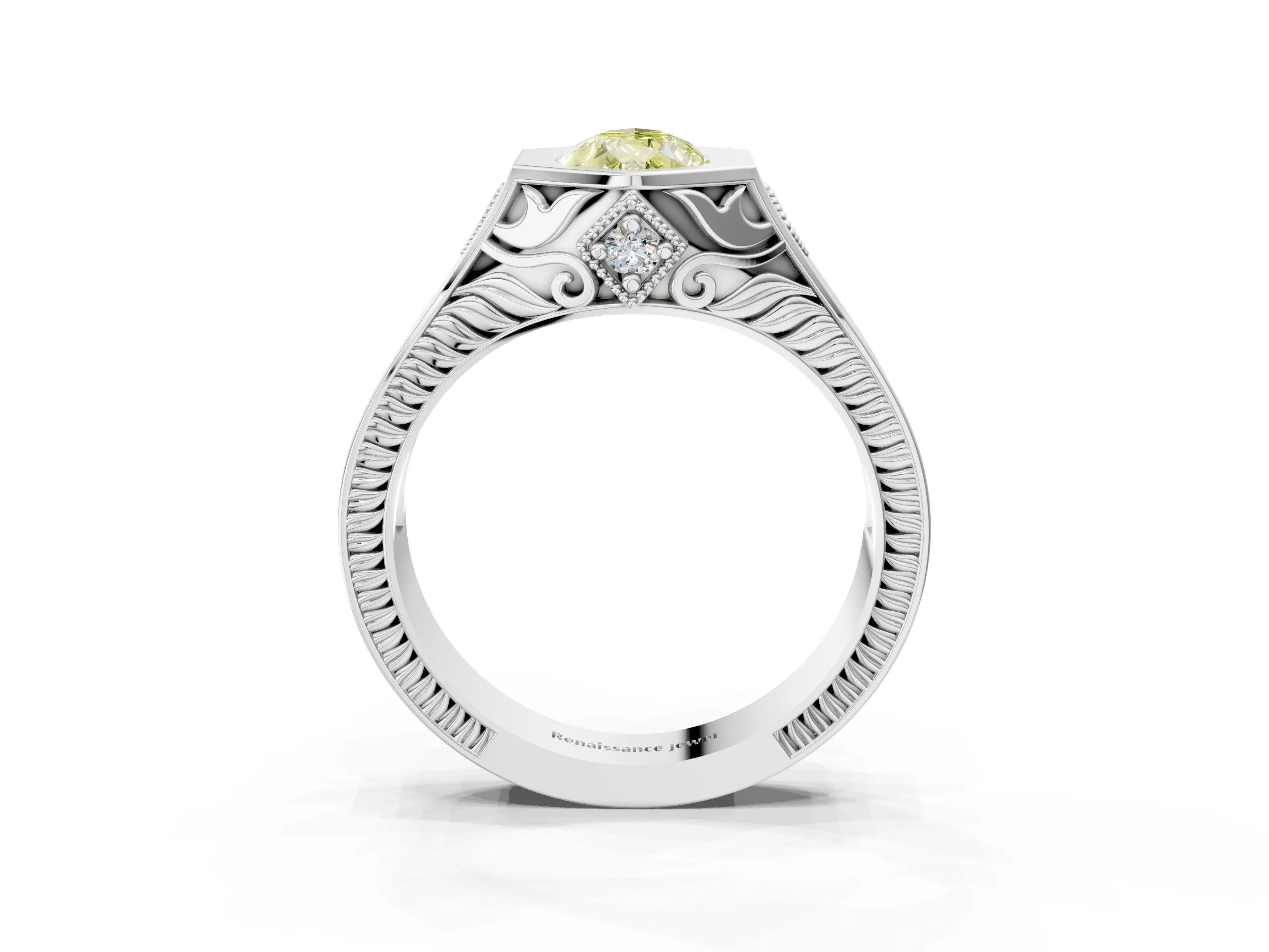 Silver Hexagonal Bezel Fancy Yellow Pear Cut Diamond Engraved Band Prong Ring_9
