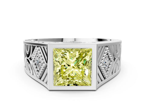Silver Hexagonal Bezel Fancy Yellow Princess Cut Diamond Engraved Band Prong Ring_36