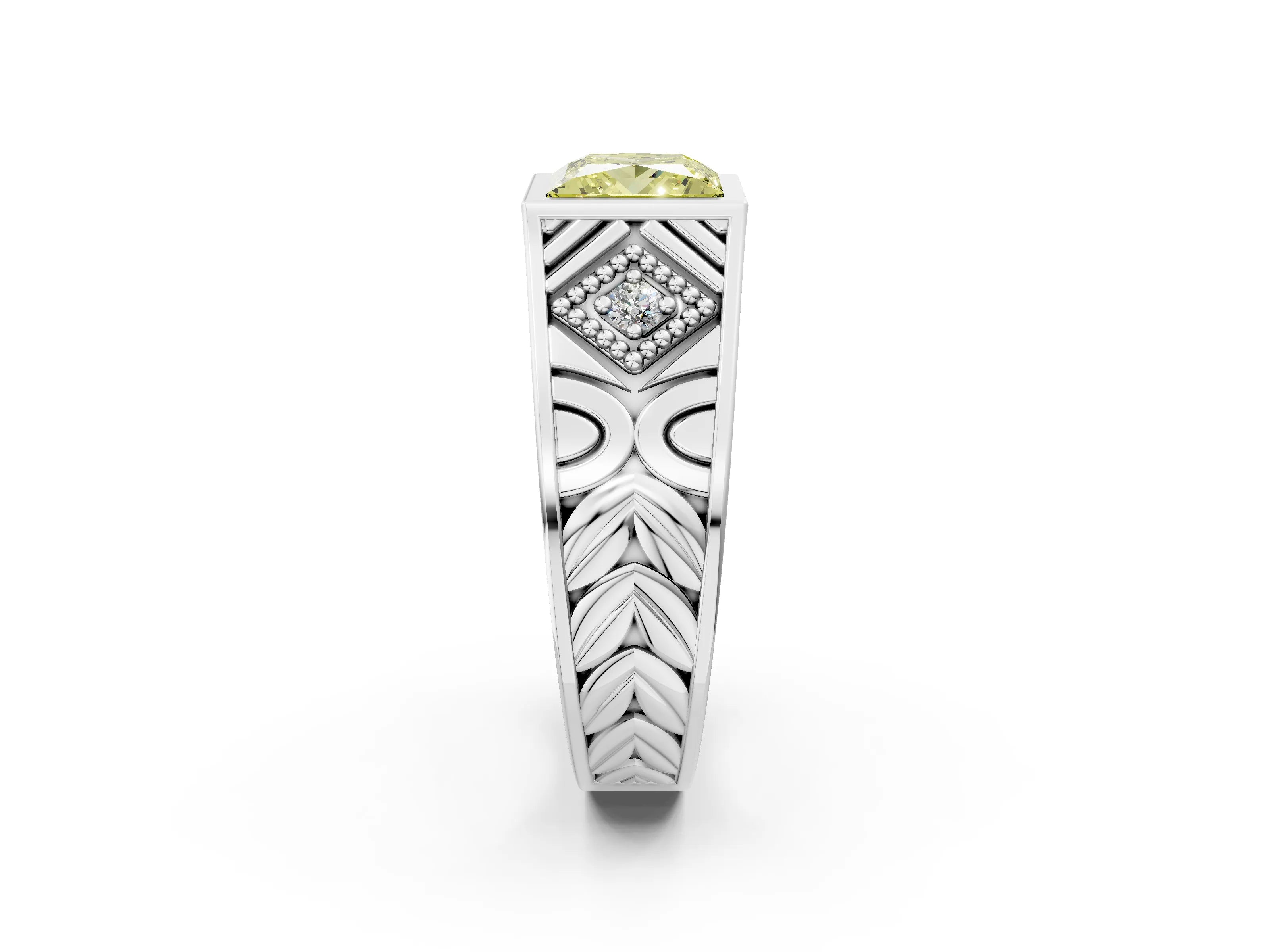 Silver Hexagonal Bezel Fancy Yellow Princess Cut Diamond Engraved Band Prong Ring_38