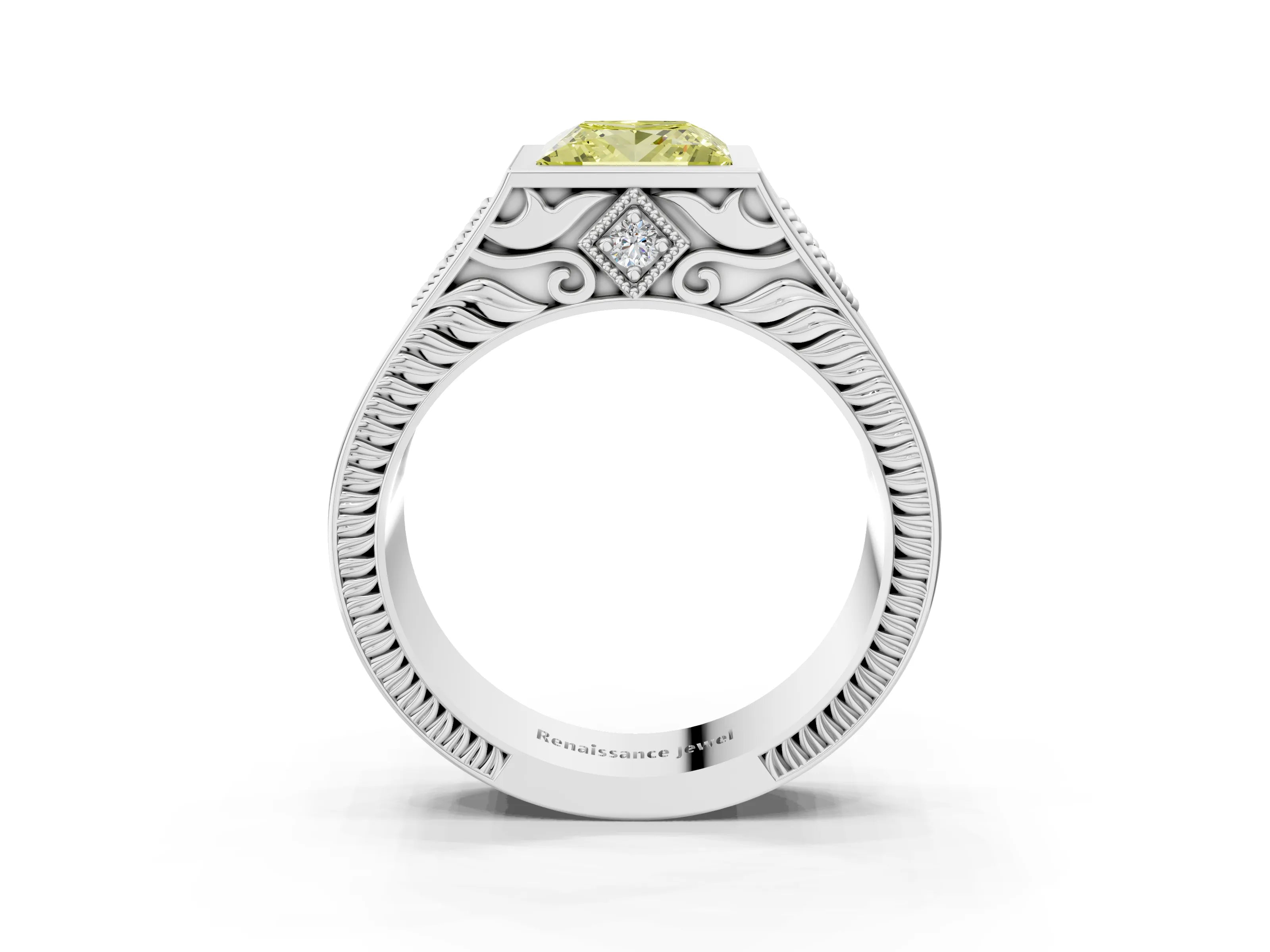 Silver Hexagonal Bezel Fancy Yellow Princess Cut Diamond Engraved Band Prong Ring_39