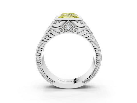 Silver Hexagonal Bezel Fancy Yellow Princess Cut Diamond Engraved Band Prong Ring_39