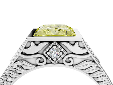 Silver Hexagonal Bezel Fancy Yellow Princess Cut Diamond Engraved Band Prong Ring_40