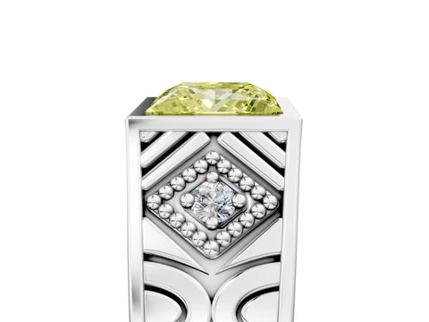 Silver Hexagonal Bezel Fancy Yellow Princess Cut Diamond Engraved Band Prong Ring_41