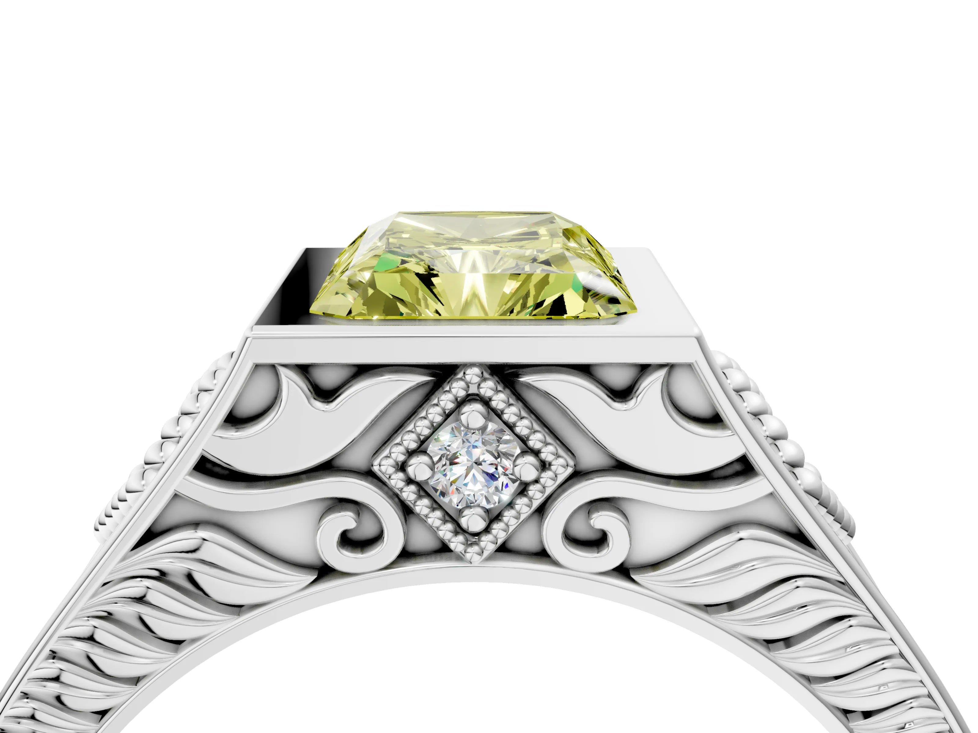 Silver Hexagonal Bezel Fancy Yellow Radiant Cut Diamond Engraved Band Prong Ring_10