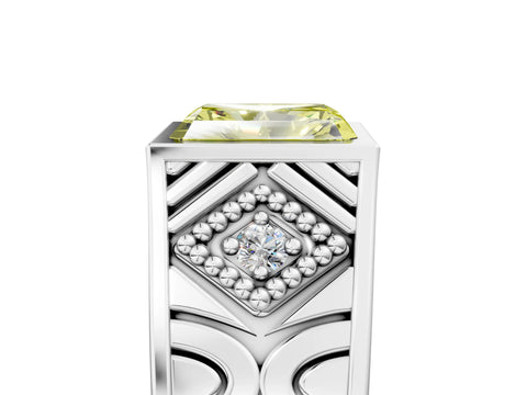 Silver Hexagonal Bezel Fancy Yellow Radiant Cut Diamond Engraved Band Prong Ring_11