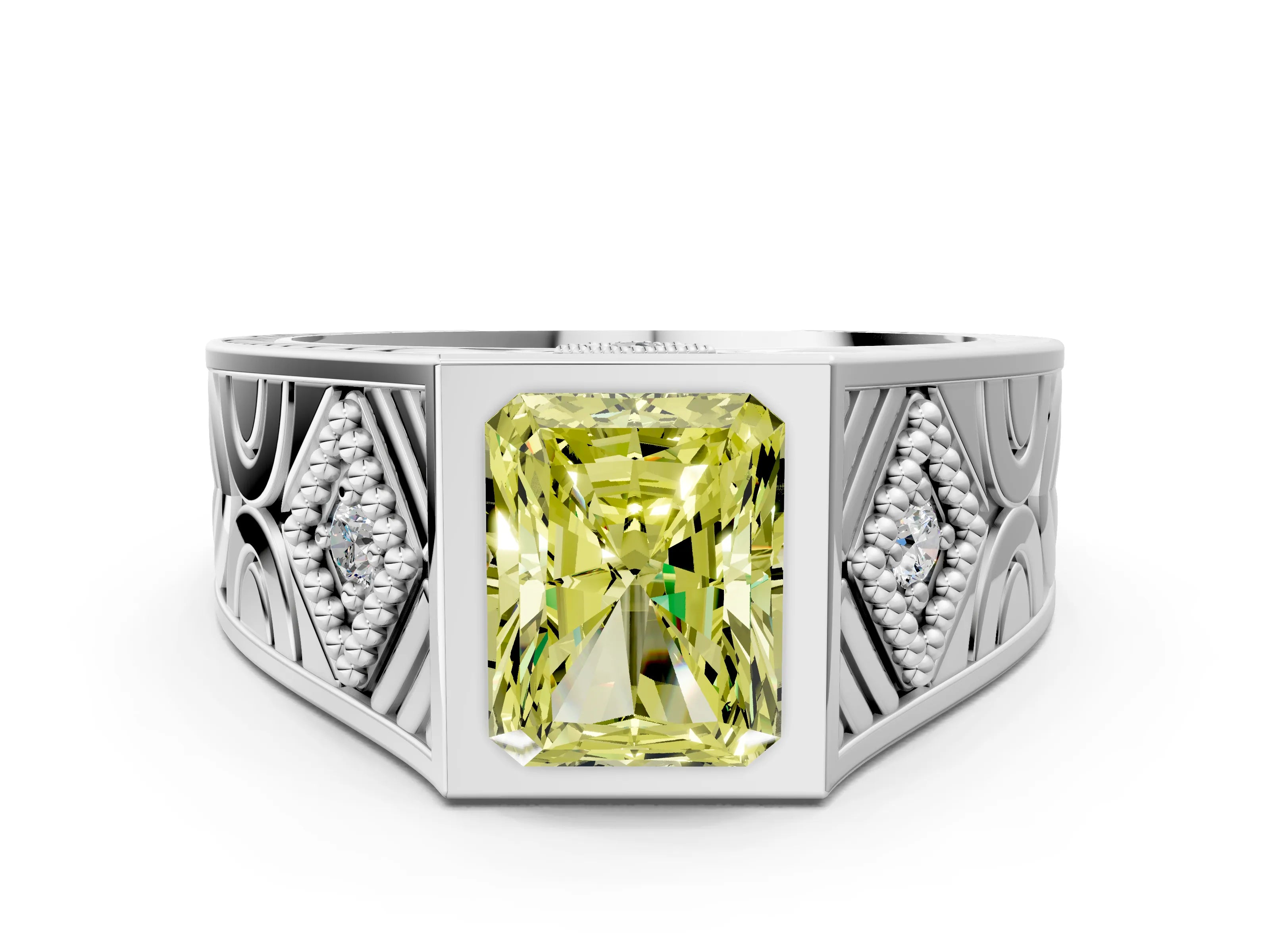 Silver Hexagonal Bezel Fancy Yellow Radiant Cut Diamond Engraved Band Prong Ring_6